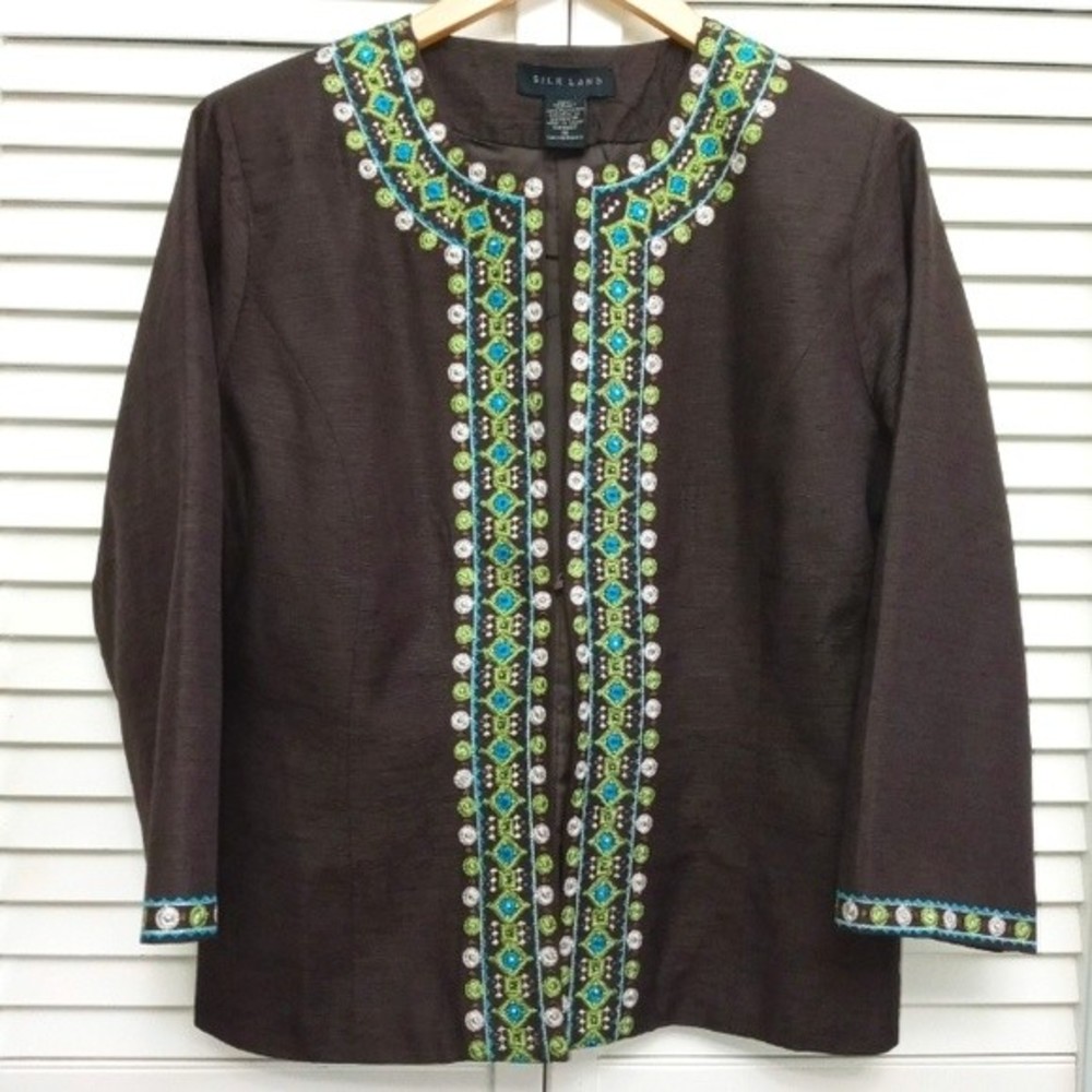 Silk Land Chocolate Brown Geometric design Embroidered Blazer/Jacket M
